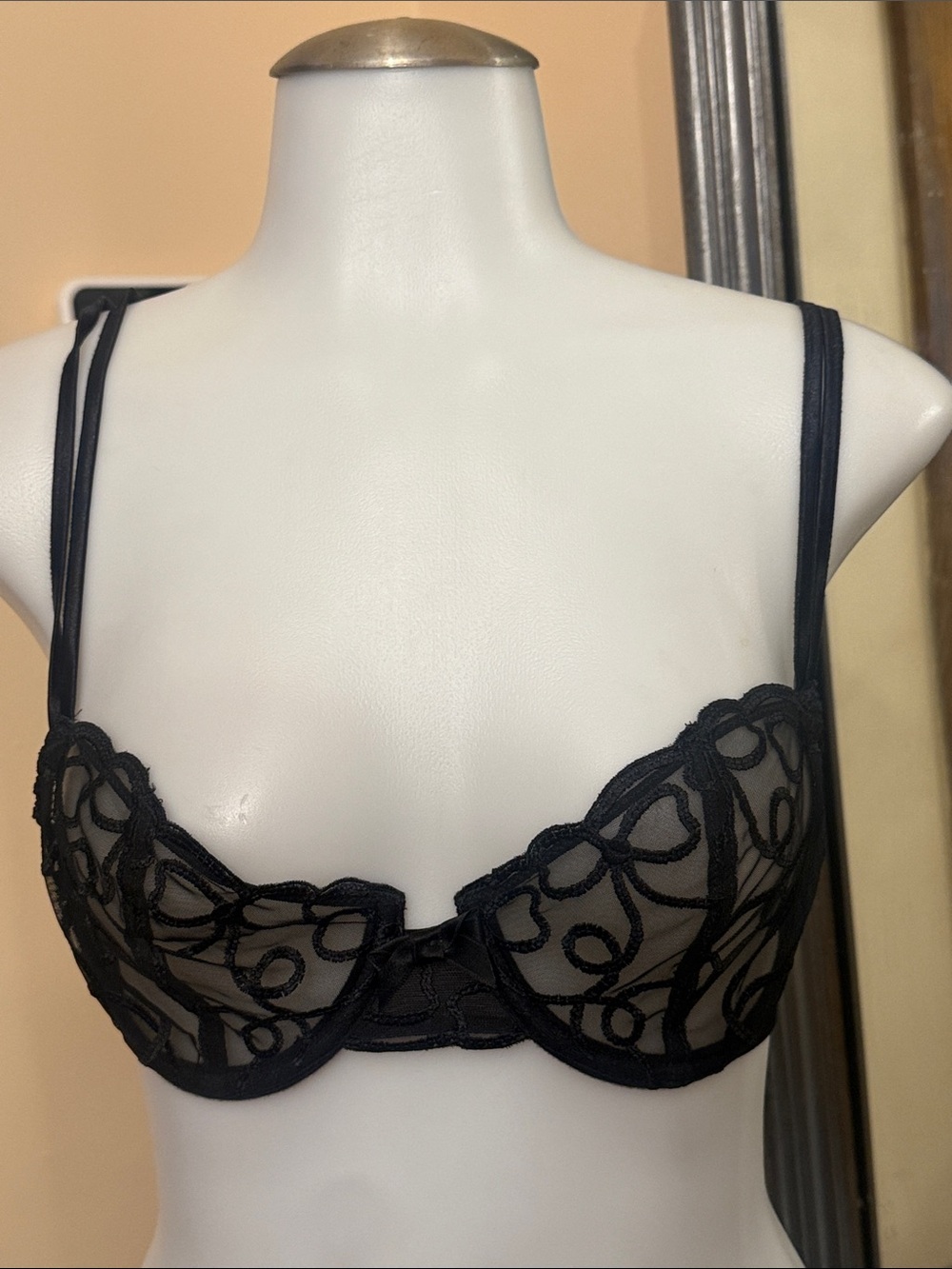 Darjeeling 34B French Sheer Embroidered Balconette Bra Black Women's Intimates